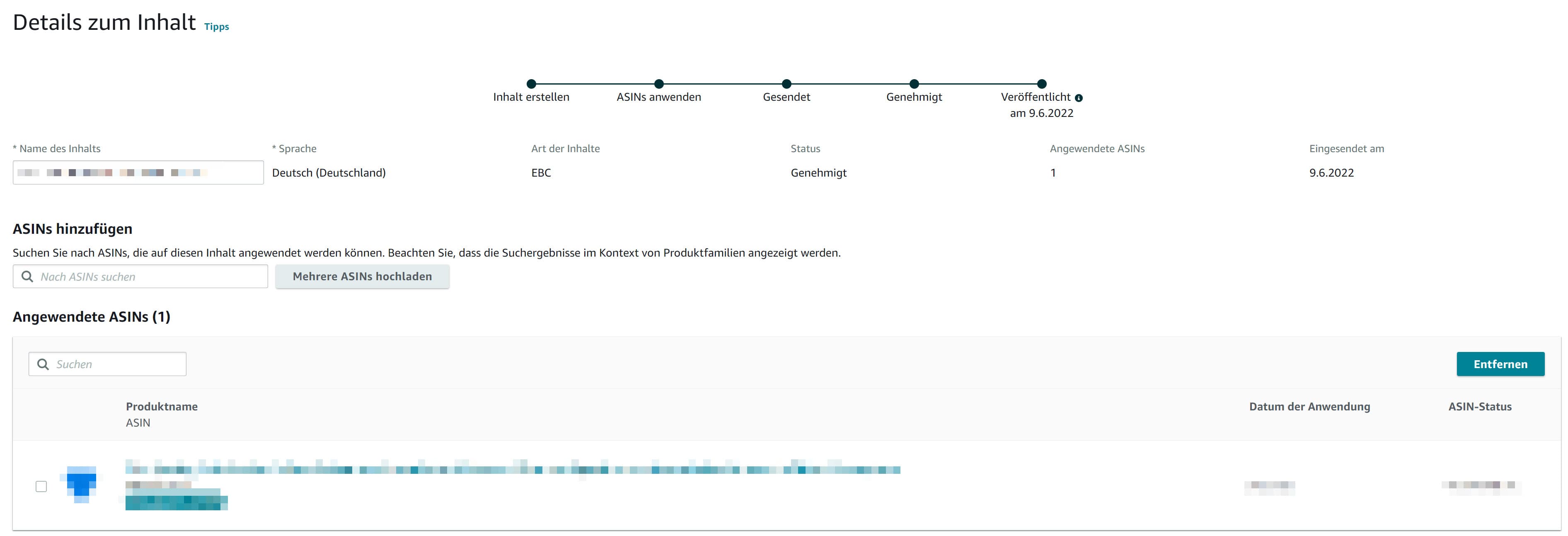 Ansichtsseite für das Hinterlegen von ASINs im A+ Content